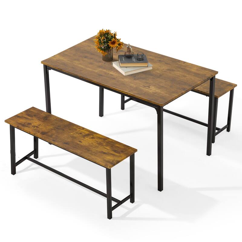 4-6 Person Dining Set with Faux Marble Top, PU Leather Benches and Storage Shelf