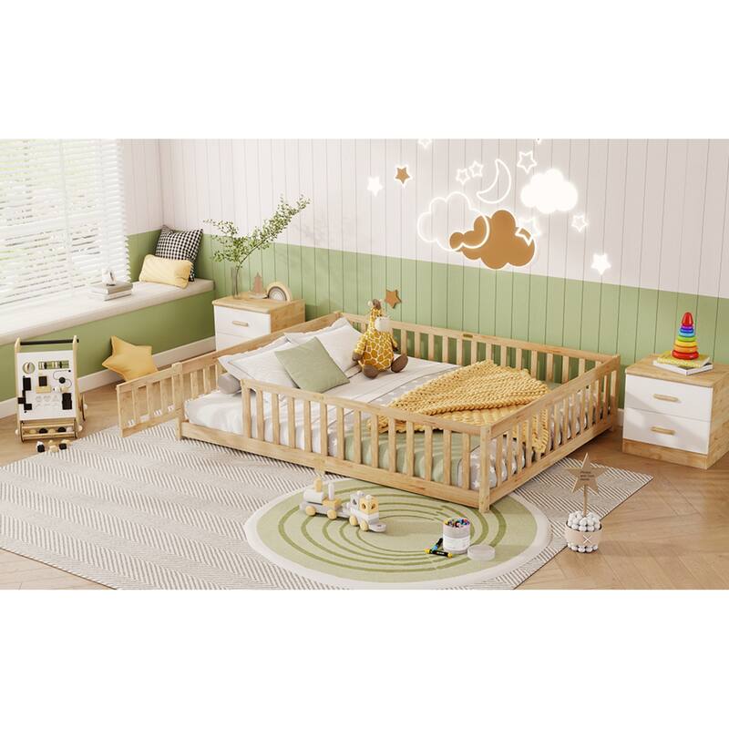 Roomfitters Queen Floor Bed with Surround Fence and Swing Door, Rubber Wood Platform with Guardrails and Slats, Natural