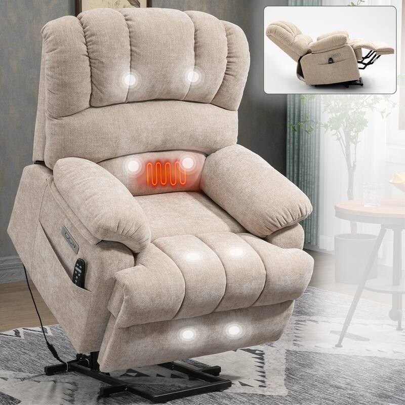 Oversized Power Lift Recliner Chair with Massage, Heat, 8-Point Vibration, Lumbar Heating, USB Port, Dual Side Pockets