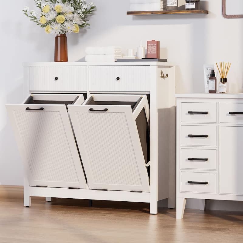 White 20 Gallon Double Tilt Out Trash Cabinet with 2 Drawers