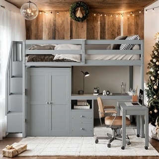 Multifunctional Loft Bed with Stairs,Bookshelf,Drawers,Desk & Wardrobe,Full Size for Bedroom
