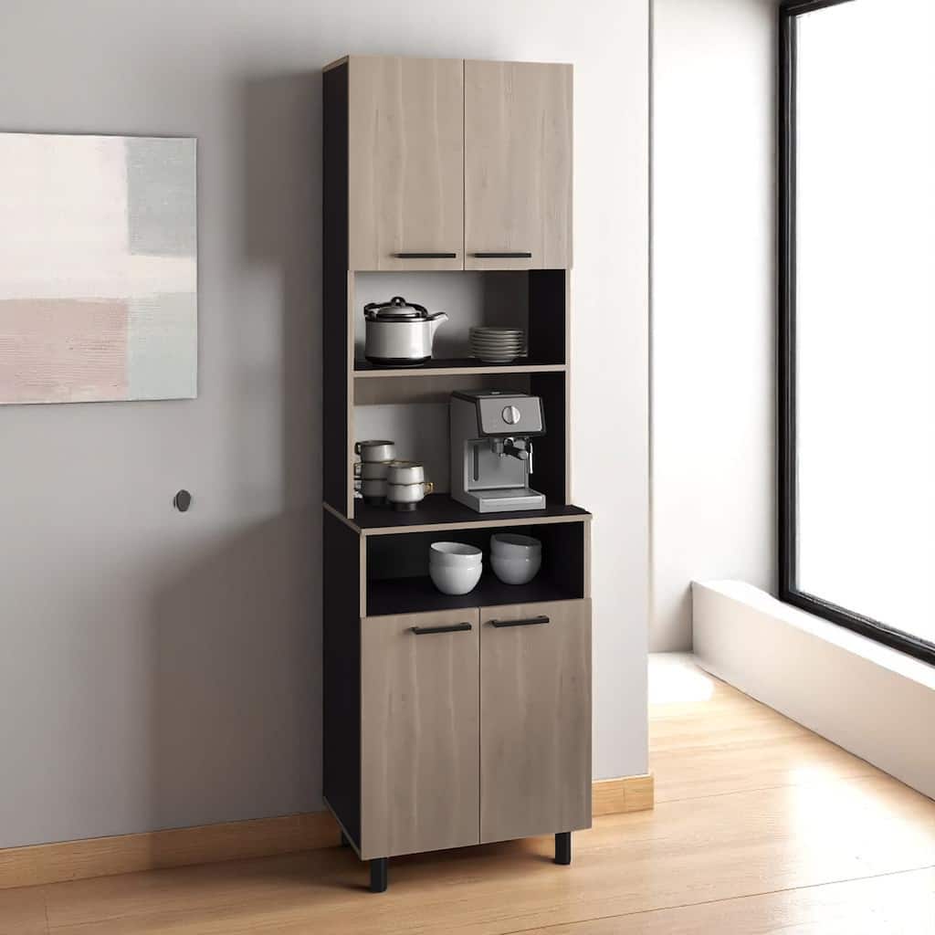 Kitchen Pantry Storage Cabinet with 5 Shelves, 4 Doors, Coffee Station Shelf, Black and Bardolino Oak