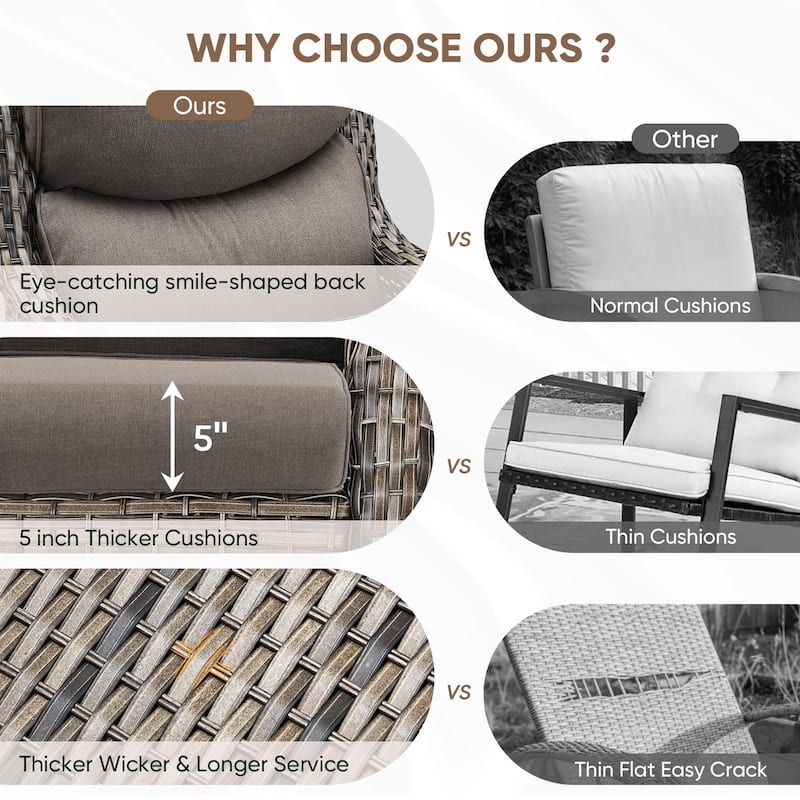 3 Pieces Wicker Glider Chairs with Side Table- Beige cushion - Grey