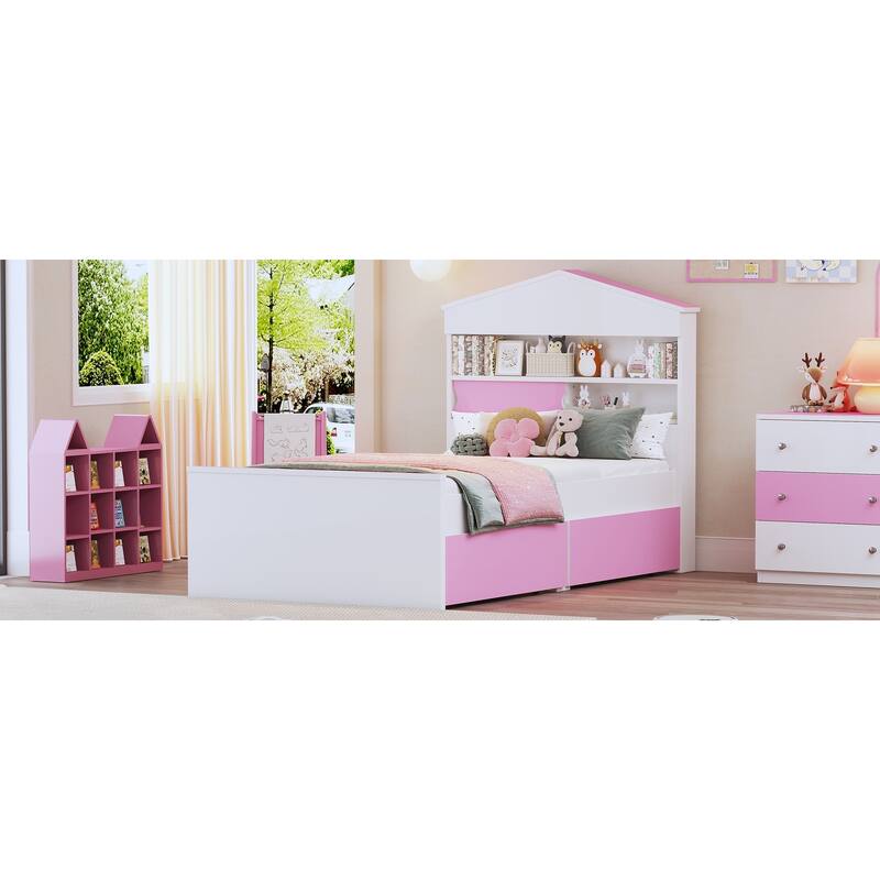 Twin Size House-Shaped Wooden Bed with Storage Shelf on the Headboard, Built-in Two Storage Drawers