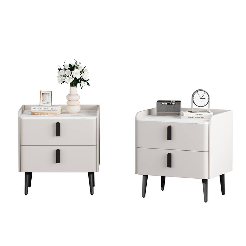 Nightstands Set of 2: 2-Drawer Marble-Pattern Top Modern Bedside/End Table - White - White