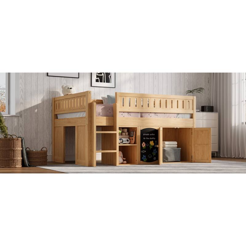 Roomfitters Full Size Loft Bed with Storage Cabinet, Open Shelves and Chalkboard Panel