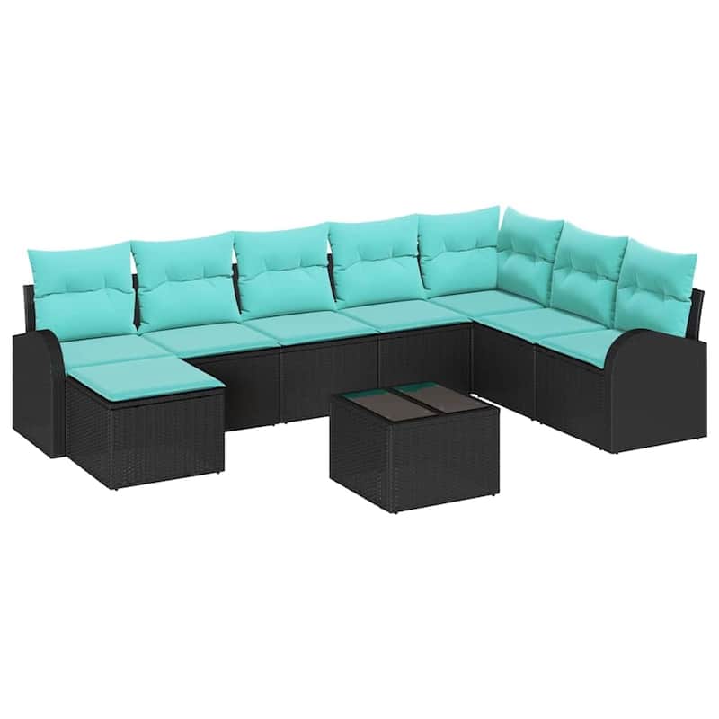 vidaXL 9 Garden Sofa Set with Cushions Black Poly Rattan - 113.8 x 70.5 x 27.2