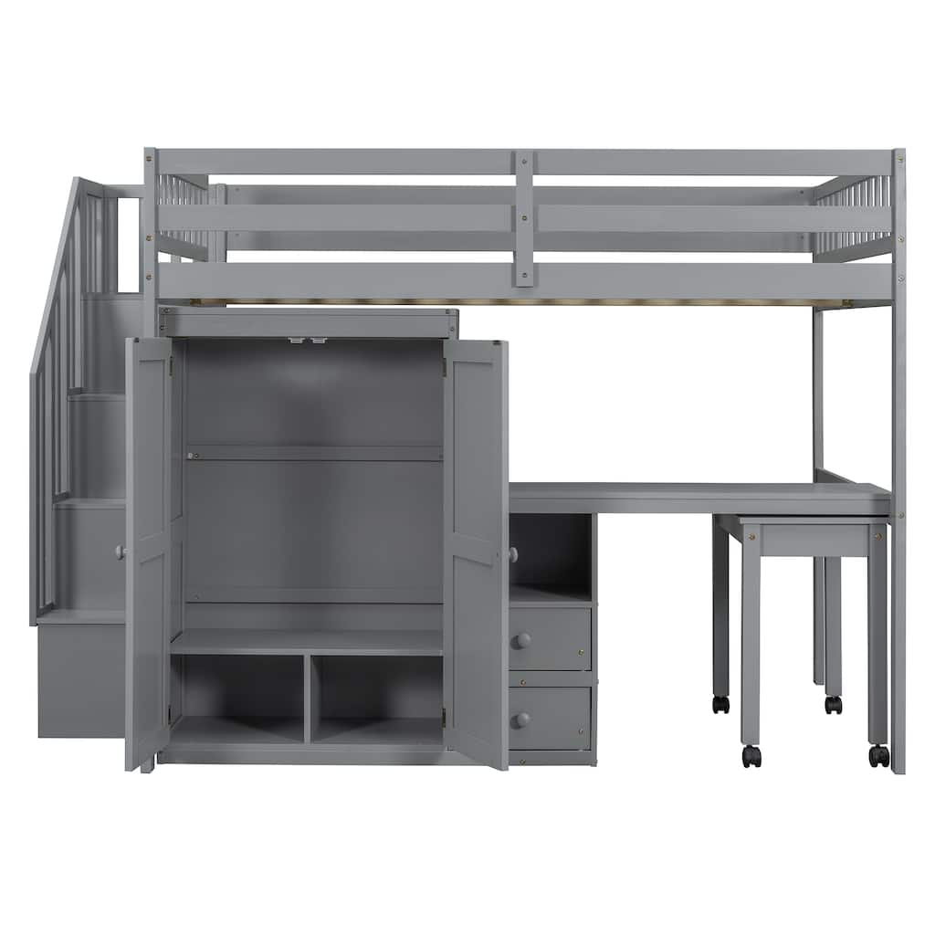 Full Size Loft Bed With Stairs,Bookshelf,Drawers,Desk & Wardrobe-Space-Saving Multifunctional Furniture For Kids & Teens