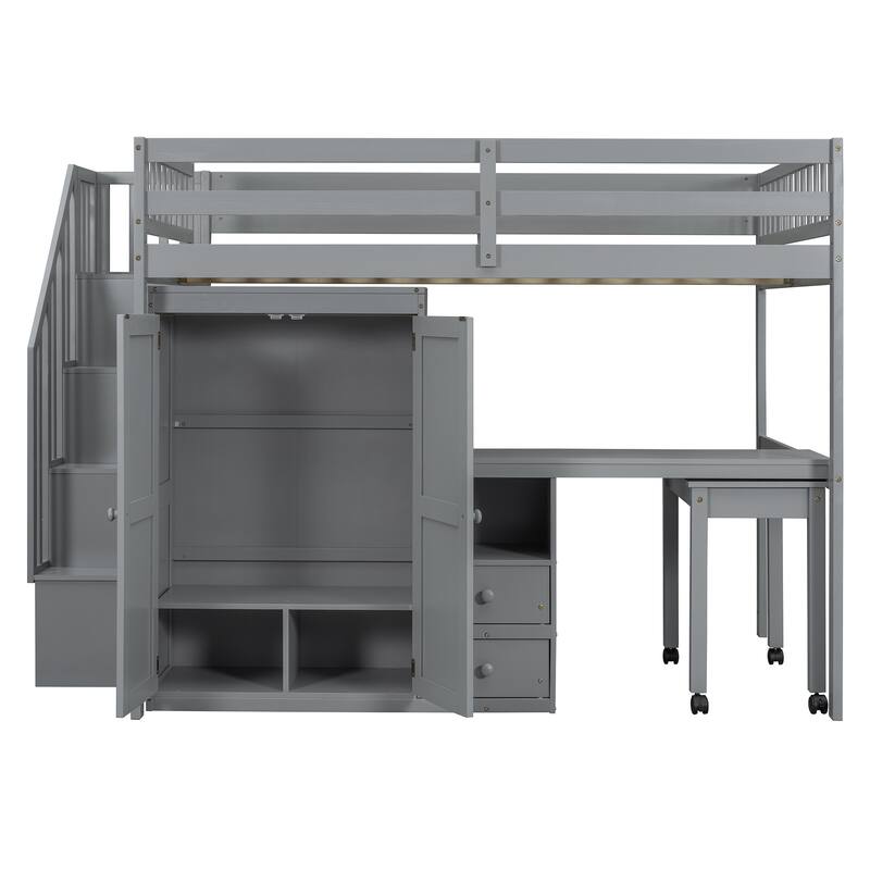 Full Size Loft Bed with Stairs, Bookshelf, Drawers, Desk & Wardrobe - Space-Saving Multifunctional Furniture for Kids & Teens