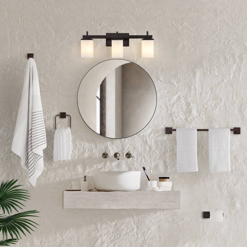 Liam 22.38" 3-Light Modern Vanity Light with Frosted Glass Shades and Bathroom Hardware Accessory Set, (5-Piece) by JONATHAN Y
