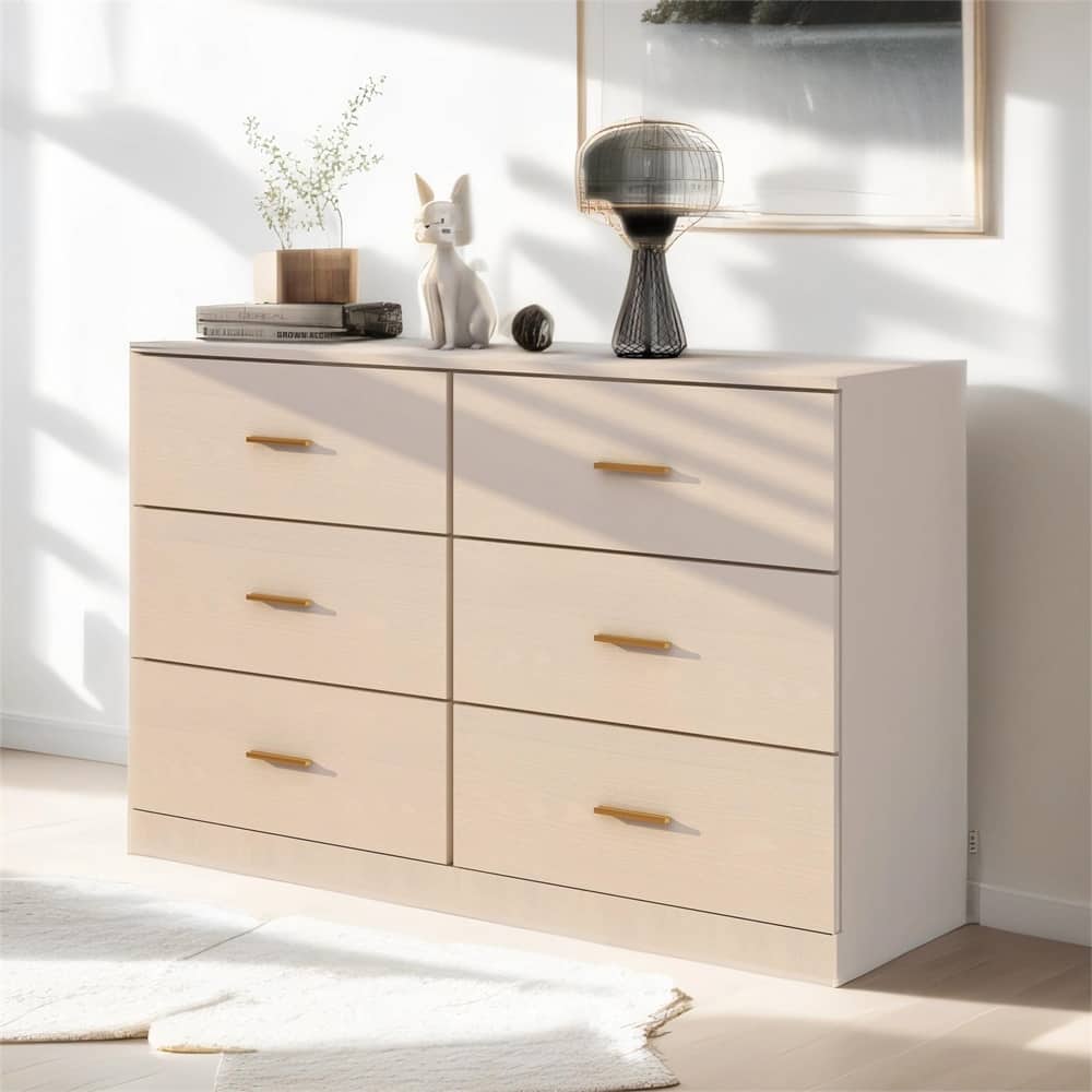 White 6-Drawer Dresser, Ample Storage Wide Chest of Drawers, Sturdy