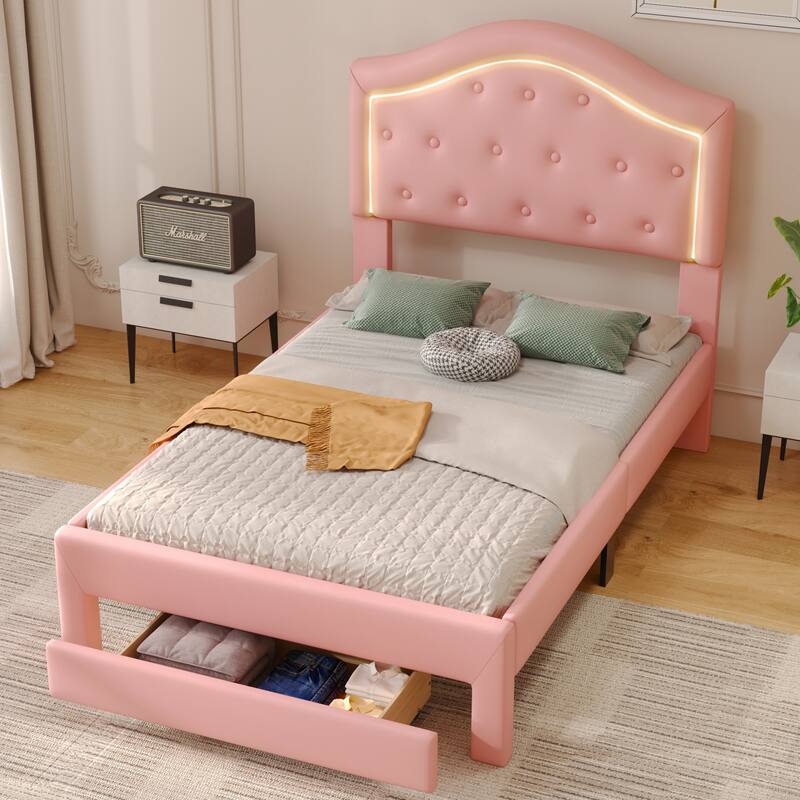 Upholstered Platform Bed with Tufted Headboard, LED and 2 Drawers, Pink