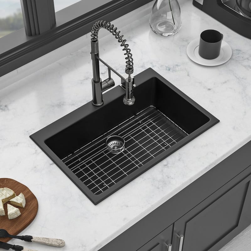 Drop-in Single Bowl Black Bowl Quartz Kitchen Sink Basin - 33'' x 22'' x 9.65''