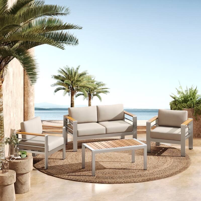 Christopher Knight Home - Everett Outdoor Aluminum 4-piece Patio Chat Set - Natural+Beige