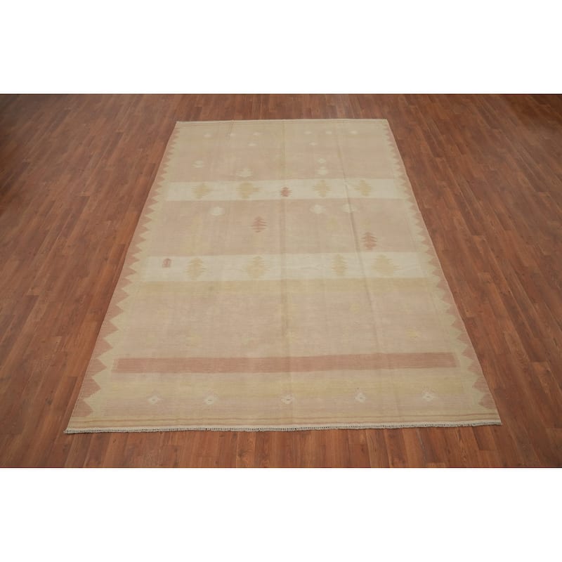 Hand Woven Oriental 100% Wool Carpet Southwestern Tribal Pink Kilim Area Rug - 9' 10'' X 6' 7''
