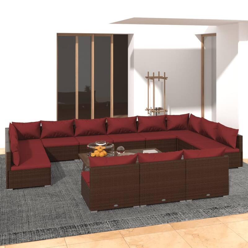 vidaXL Patio Lounge Set with Cushions Brown Poly Rattan - 27.6" x 27.6" x 24" - 27.6" x 27.6" x 24" - Brown/Cinnamon red 8 x Back pillow