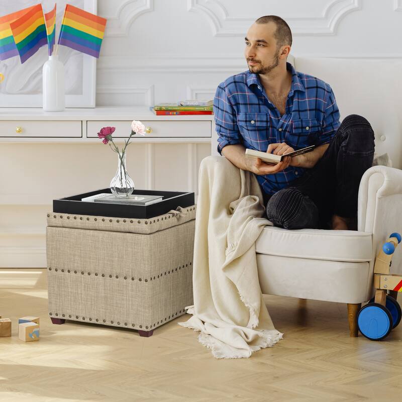 Adeco Fabric Square Ottoman with Tray