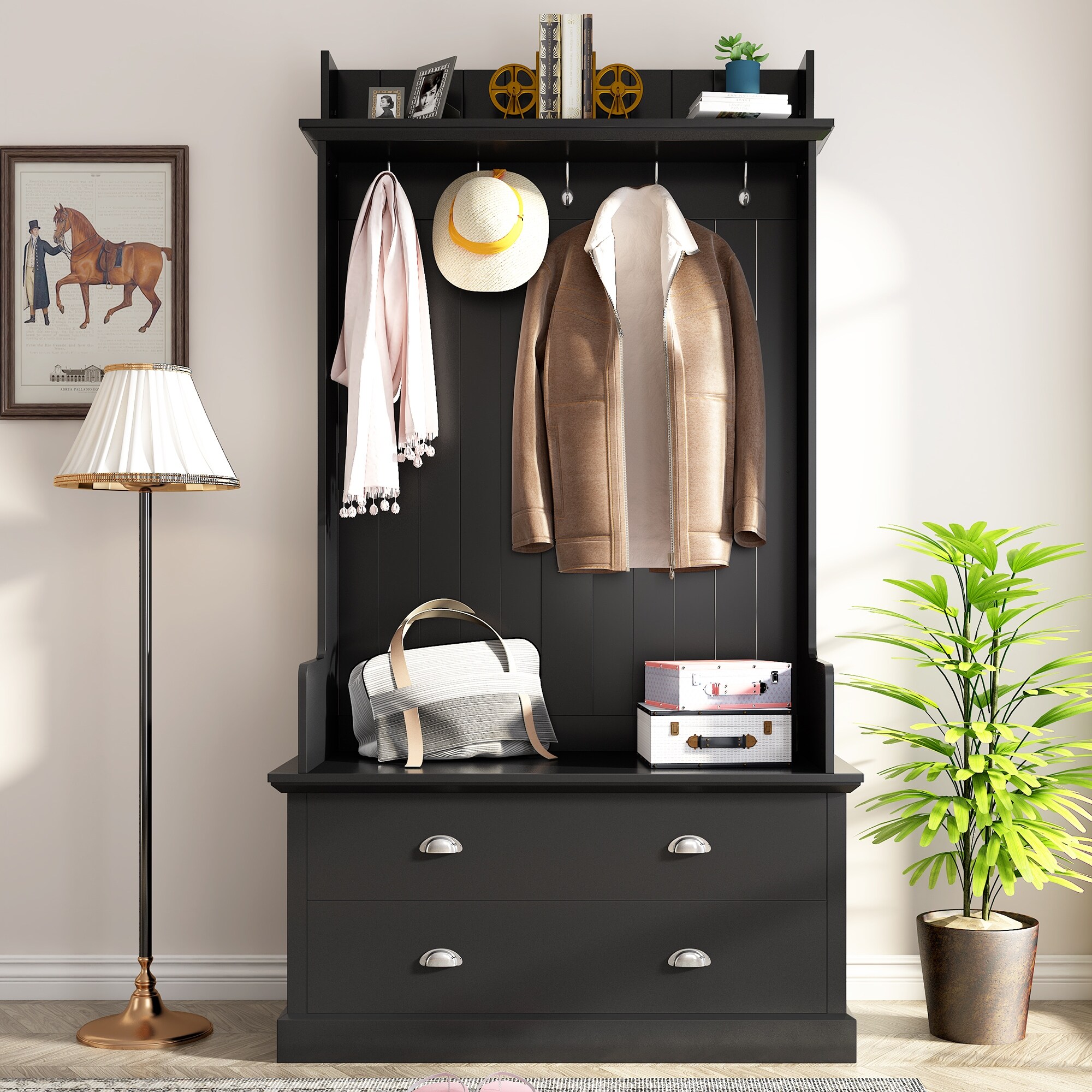 Wood Wide Shoe Storage Cabinet Entryway Bench Coat Hanger