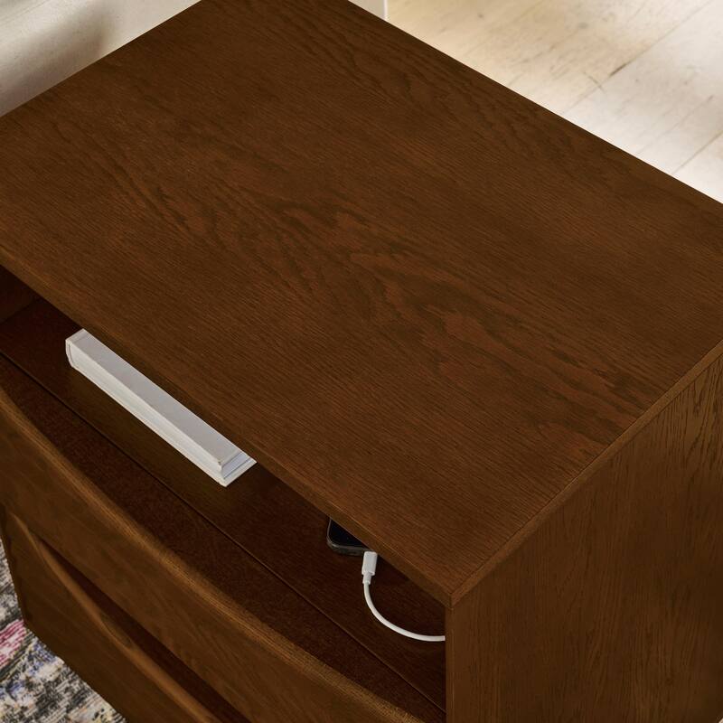 Mid Century Modern Nightstand with Charging Station & Outlet Hole & 2 Solid Wood Drawers