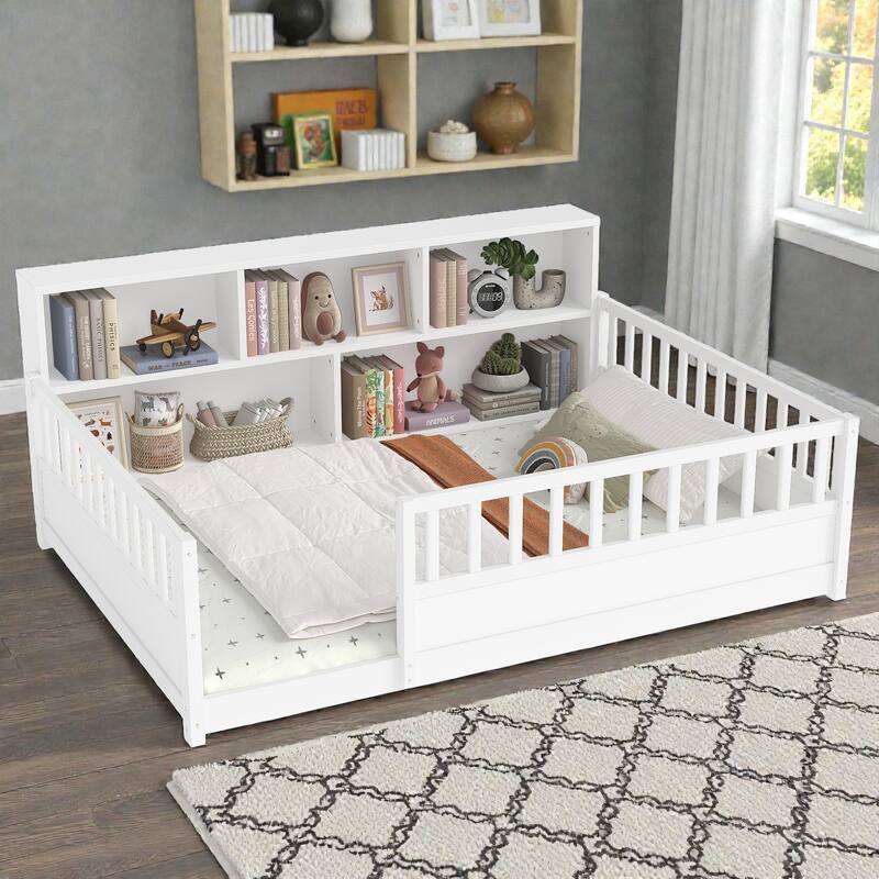 Wooden Floor Bed with Fence Guardrails, Montessori Style Kids Bed Frame with Side Storage Design - White - Full