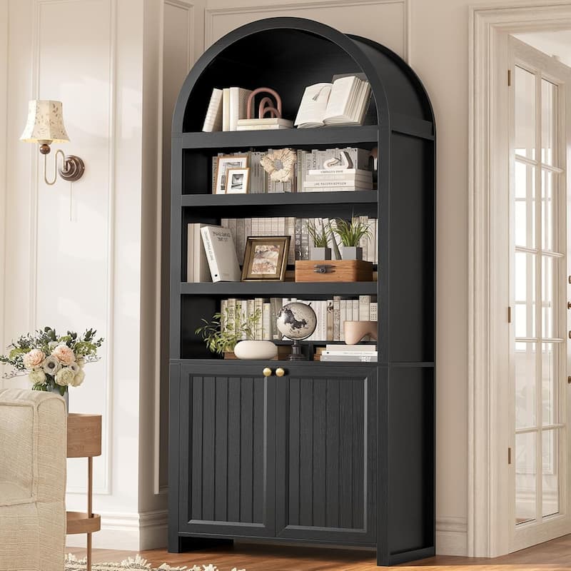 Tall Arched Cabinet Bookcase with storage Bookshelf 2 Door - Black - 81" 