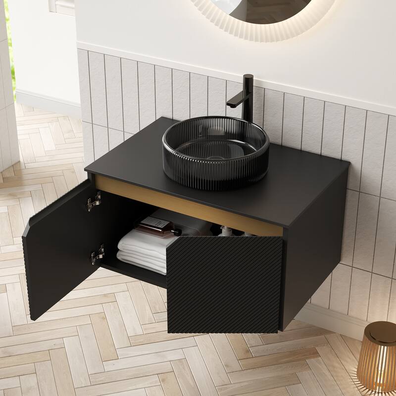 GDFStudio - Ruben Modern Floating Bathroom Vanity with Twill Double Doors, Metal Trim & Black Sintered Stone Countertop - 30" - Black Glass