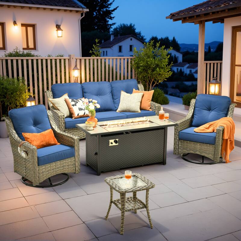 XIZZI 5-Piece Wicker Patio Furniture Set with Sofa, Swivel Chairs & Fire Pit - Navy Blue
