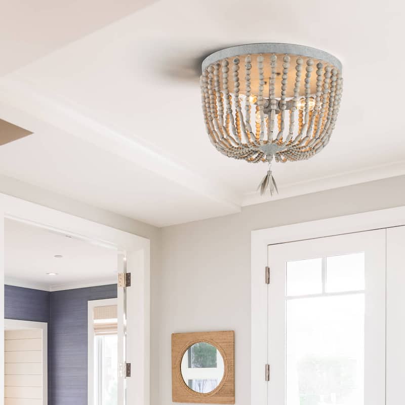 3-Light Vintage Grey Flush Mount with Weathered Gray Wash Wood Beads