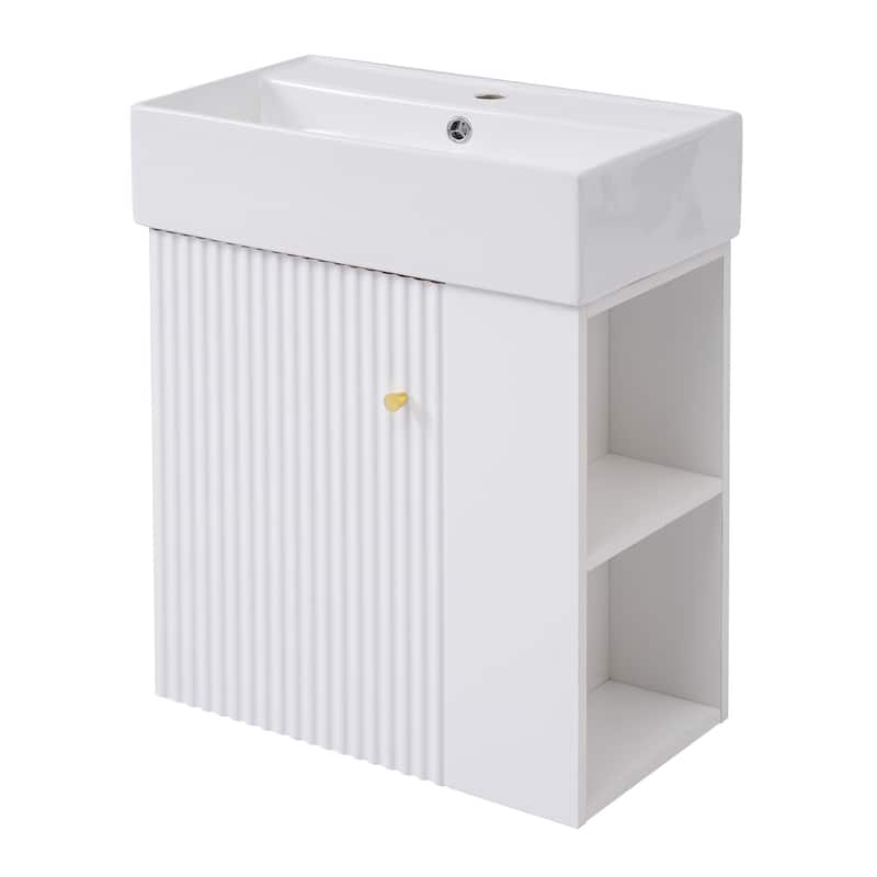 Wall-Mounted Bathroom Vanity Small Space Floating Cabinet with Sink, Wave-Patterned Door, Metal Handle and Right Side Storage