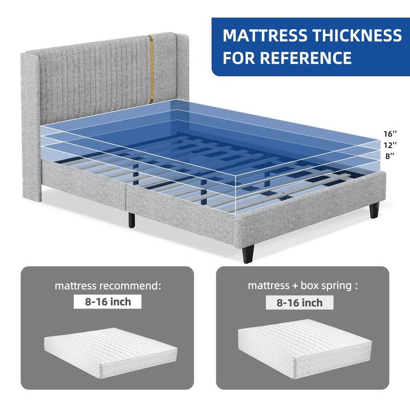 Moasis Upholstered Platform Bed Frame with Wood Slats Linen Headboard