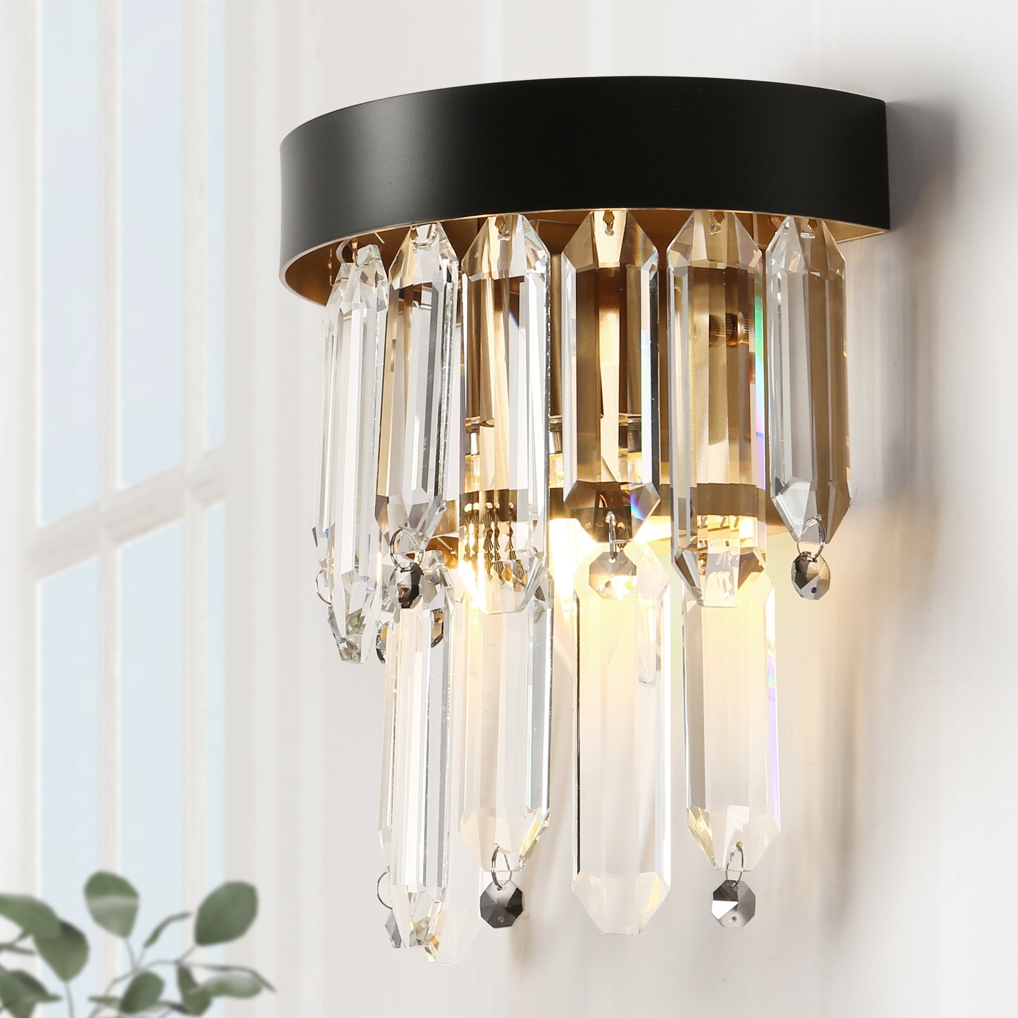 Modern 1-Light Luxury Crystal Wall Sconce Black Gold Bathroom Vanity Light - W7.9" x H10"