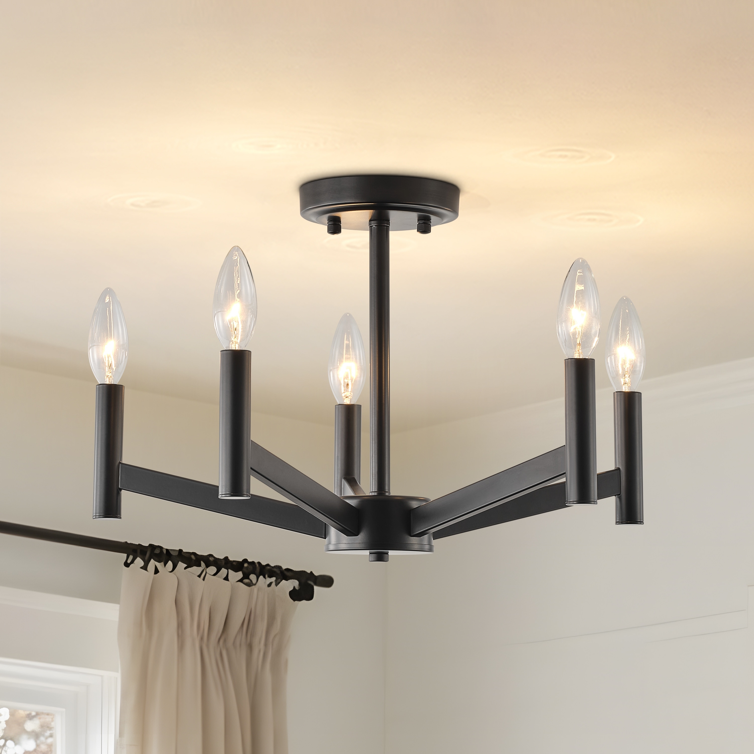 Starsky 5-light Farmhouse Matte Black & Gold Candle Semi-Flush Mount Living & Dinging Room Light
