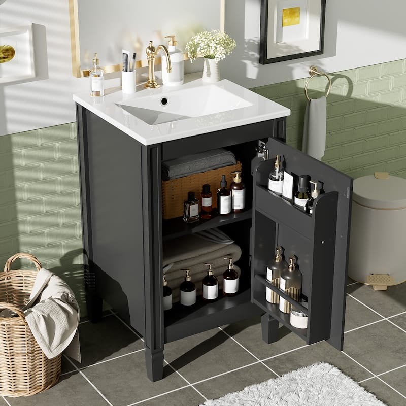 Bathroom Vanity with Ceramic Sink, Freestanding Bathroom Cabinet with Soft Close Door, Adjustable Shelf & Door Storage Rack