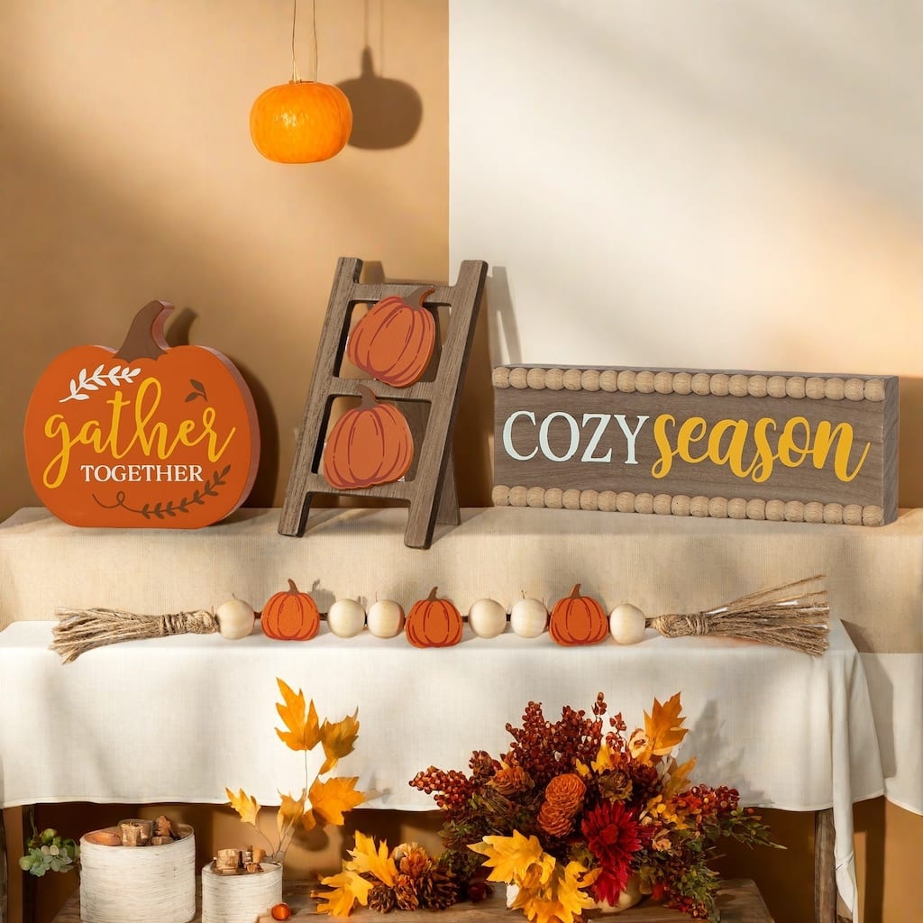 Glitzhome 10.75"W Set of 4 Fall Wooden Pumpkin Signs Table Decor
