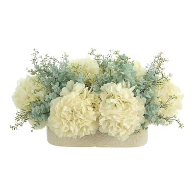 Hydrangea and Eucalyptus Arrangement in an Oblong Ceramic Vase - Cream, Aqua, Teal
