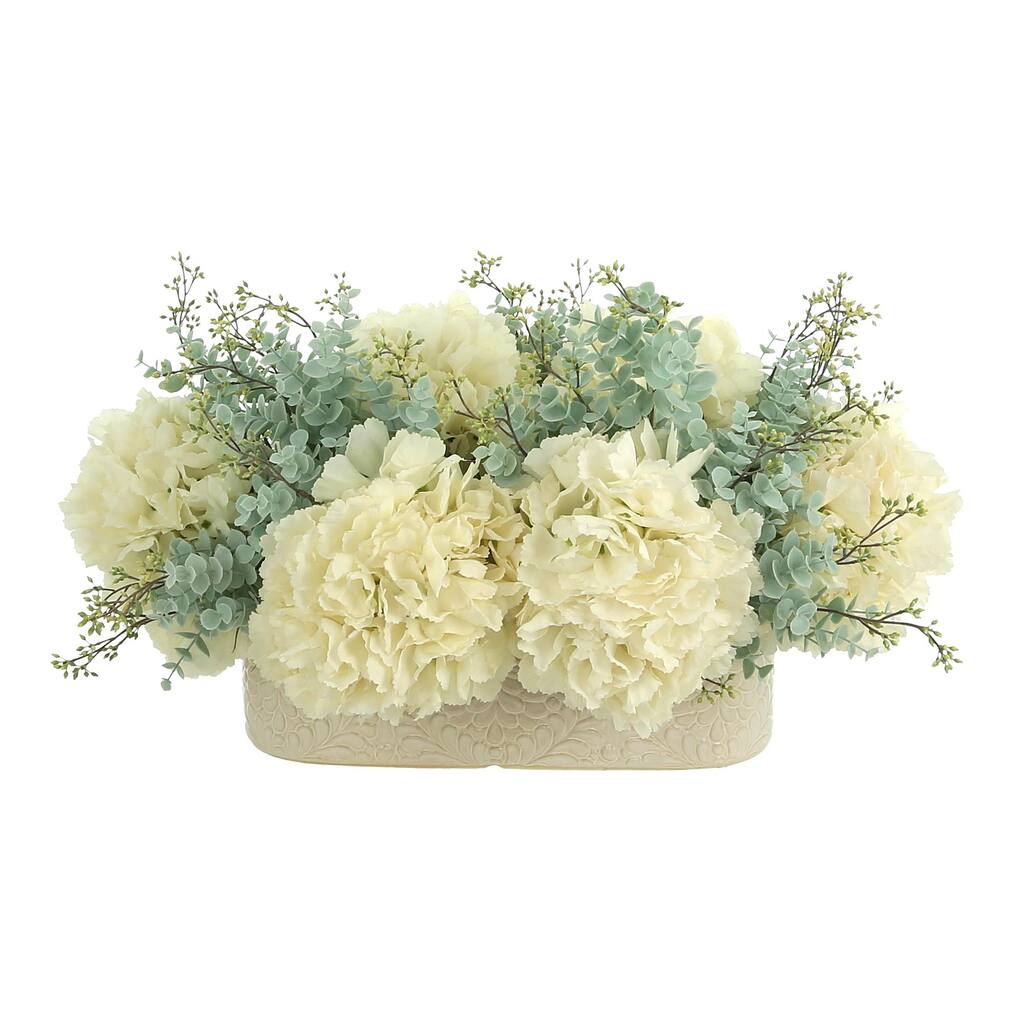 Hydrangea and Eucalyptus Arrangement in an Oblong Ceramic Vase - Cream, Aqua, Teal
