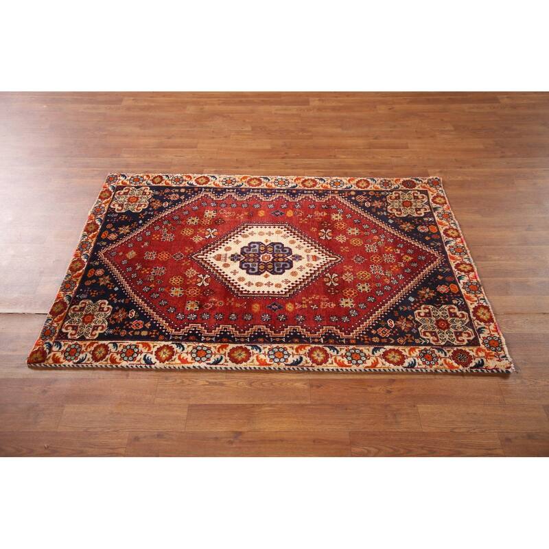 Shiraz Persian Vintage Area Rug Handmade Geometric Red Wool Carpet - 3'2"x 4'10"
