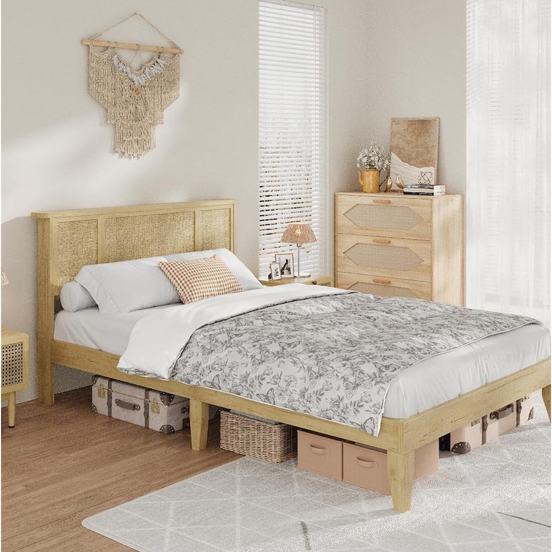 Full Bed Frame with Natural Rattan Headboard, 4 Storage Drawers, Slats, Bohemian-Style Cane Mattress Support - Ivory No Drawers - Queen