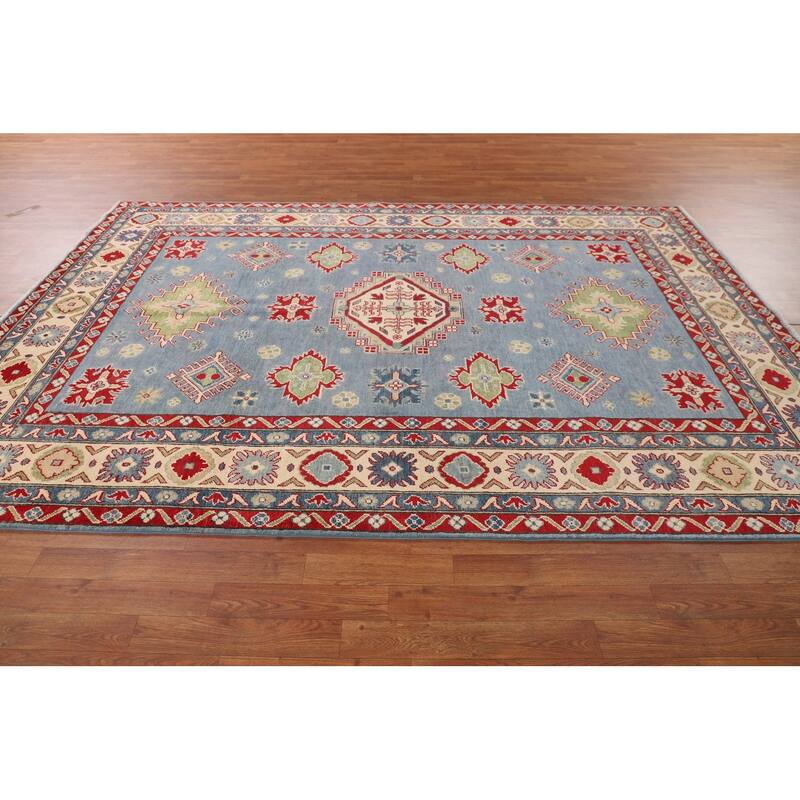 Light Blue Kazak Area Rug Living Room Hand-Knotted Wool Carpet - 6'8" x 9'9"