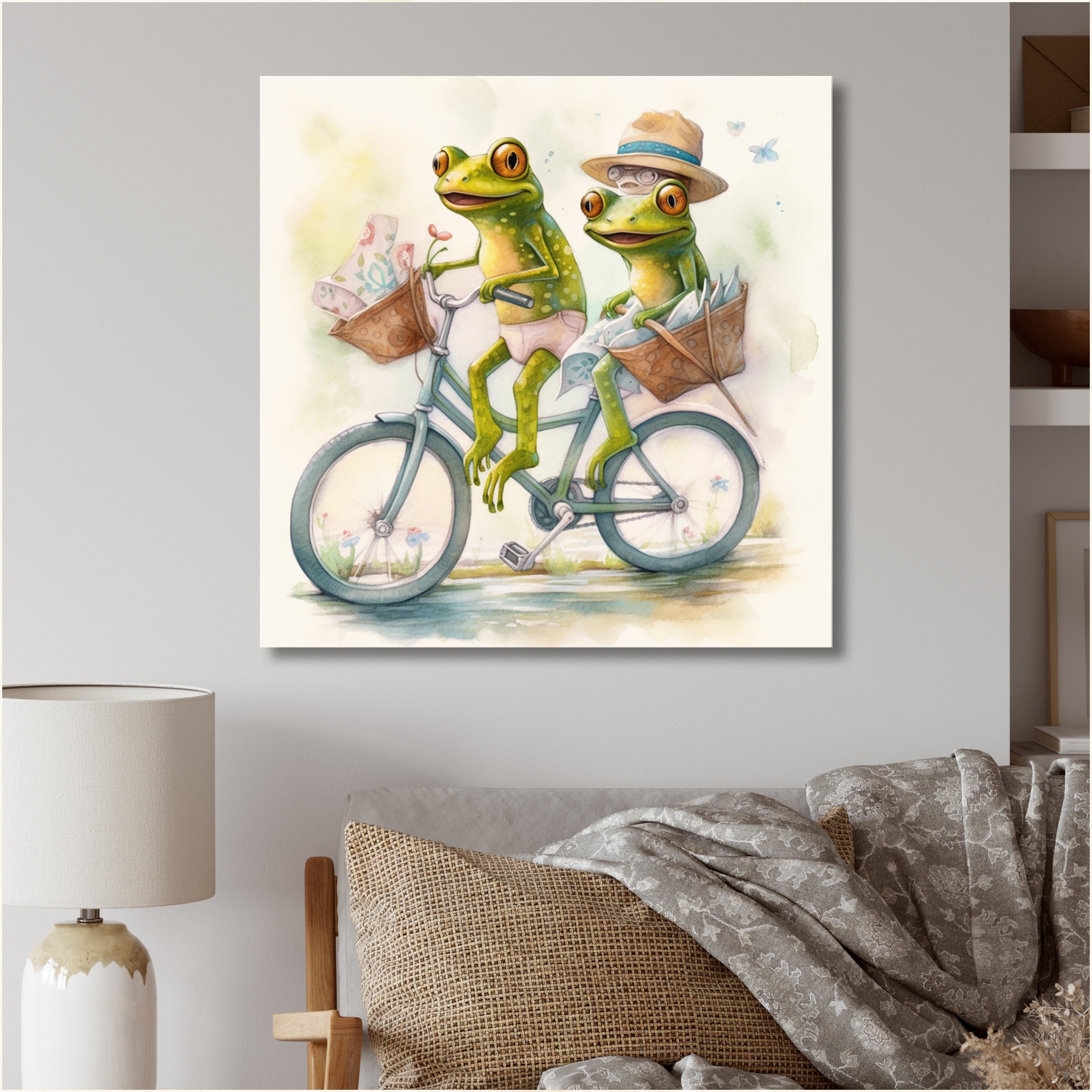 Designart Green Frogs Riding A Bike Animal Frog Wall Decor