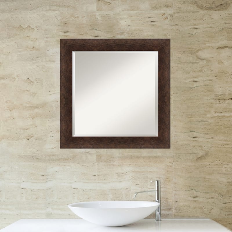 Warm Walnut Beveled Wood Framed Bathroom Vanity Wall Mirror - Warm Walnut