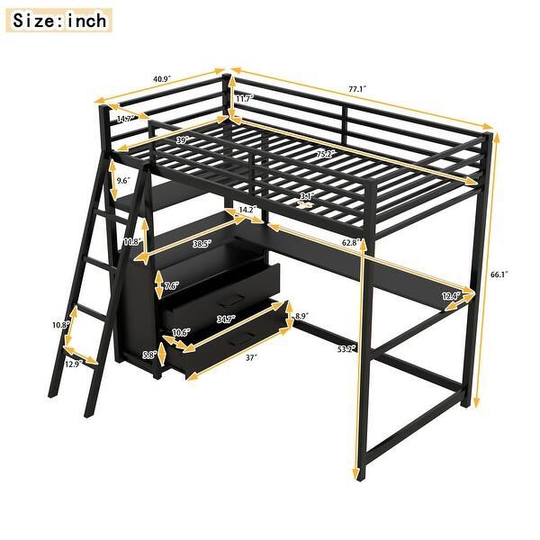 Twin Size Metal Loft Bed with Desk, Shelves, Two Storage Drawers, and Safety Barriers