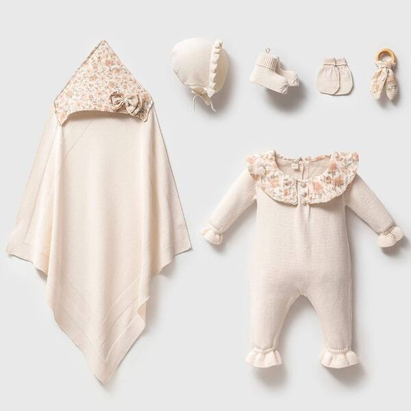 slide 2 of 3, Knitwear Newborn Outfit Set with Floral Details - 6 Piece Cream