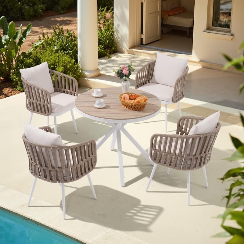 Acacia Wood Outdoor Dining Set - Round Table with 4 Metal Frame Rope Chairs - Linen-colored weave