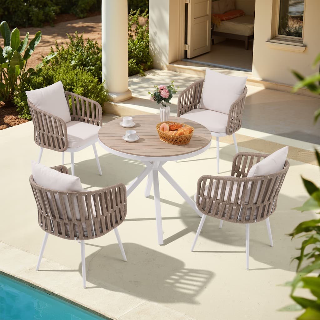 Acacia Wood Outdoor Dining Set - Round Table with 4 Metal Frame Rope Chairs