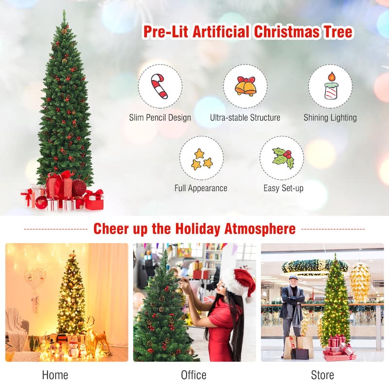 Gymax 6.5Ft Pre-Lit Pencil Christmas Tree Hinged Artificial Slim Tree - See Details
