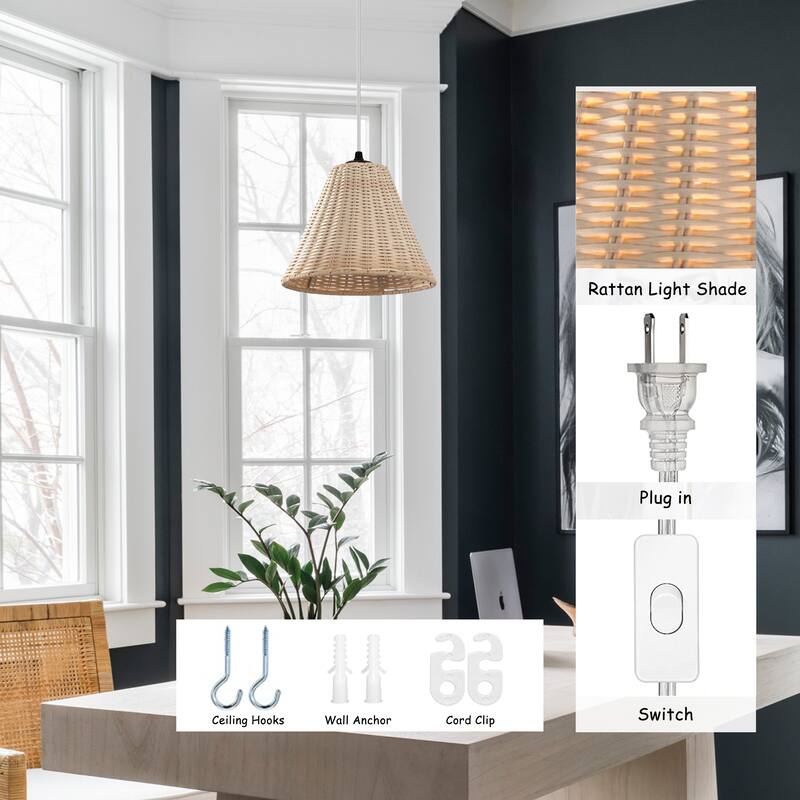 1-Light Plug-in Swag Pendant Light with Hand-woven Rattan Shade - Natural Rattan