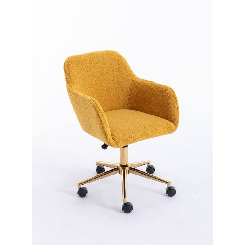 Modern Teddy Fabric Material Adjustable Height 360 Revolving Home Office Chair with Gold Metal Legs, for Indoor, Yellow