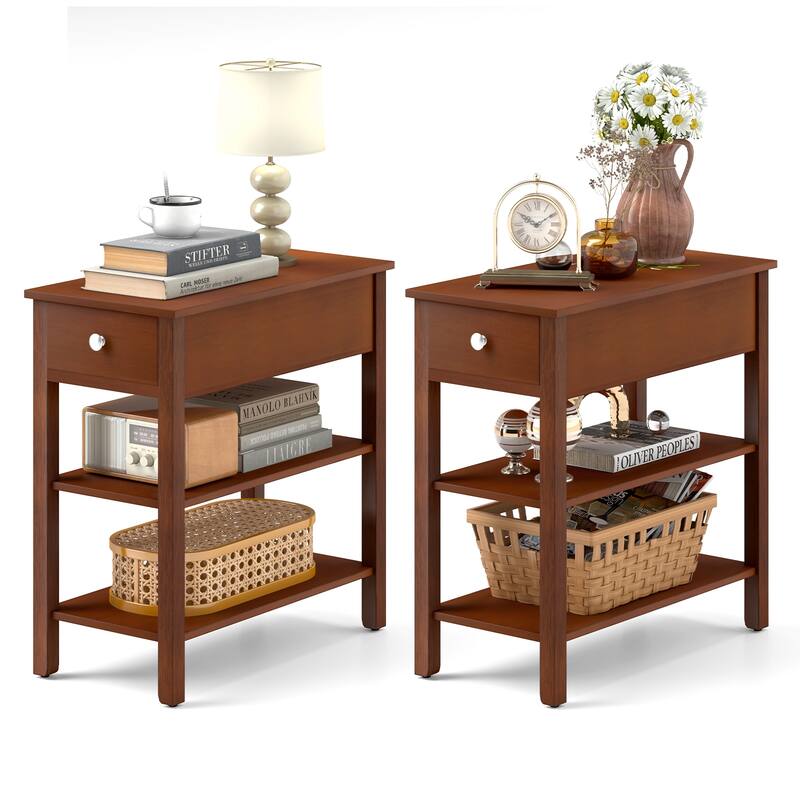 3-Tier Narrow End Table with Drawer and Storage Shelves Set of 2 - 23.5" x 12" x 24.5"