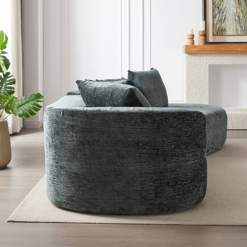 Curved Upholstered Loveseat Sofa Chenille Cloud Couch 4-Seater Chaise Lounge with 4 Throw Pillows for Living Room Recliner